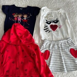 Gymboree girls size 4T outfit set 2 shirts, skirt, zip up hoodie Valentine heart